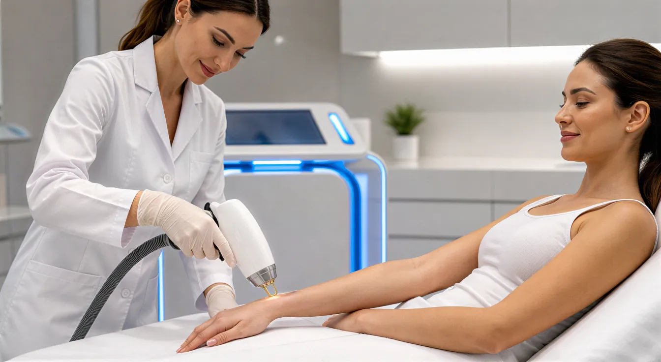Eine Ästhetikerin in weißem Kittel positioniert einen modernen Laser-Applikator am Unterarm einer entspannten Klientin.