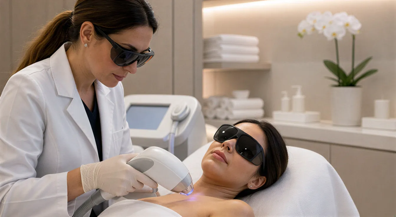 Eine Dermatologin bedient ein Lasergerät zur Haarentfernung an einer entspannten Patientin in einer modernen Praxis.