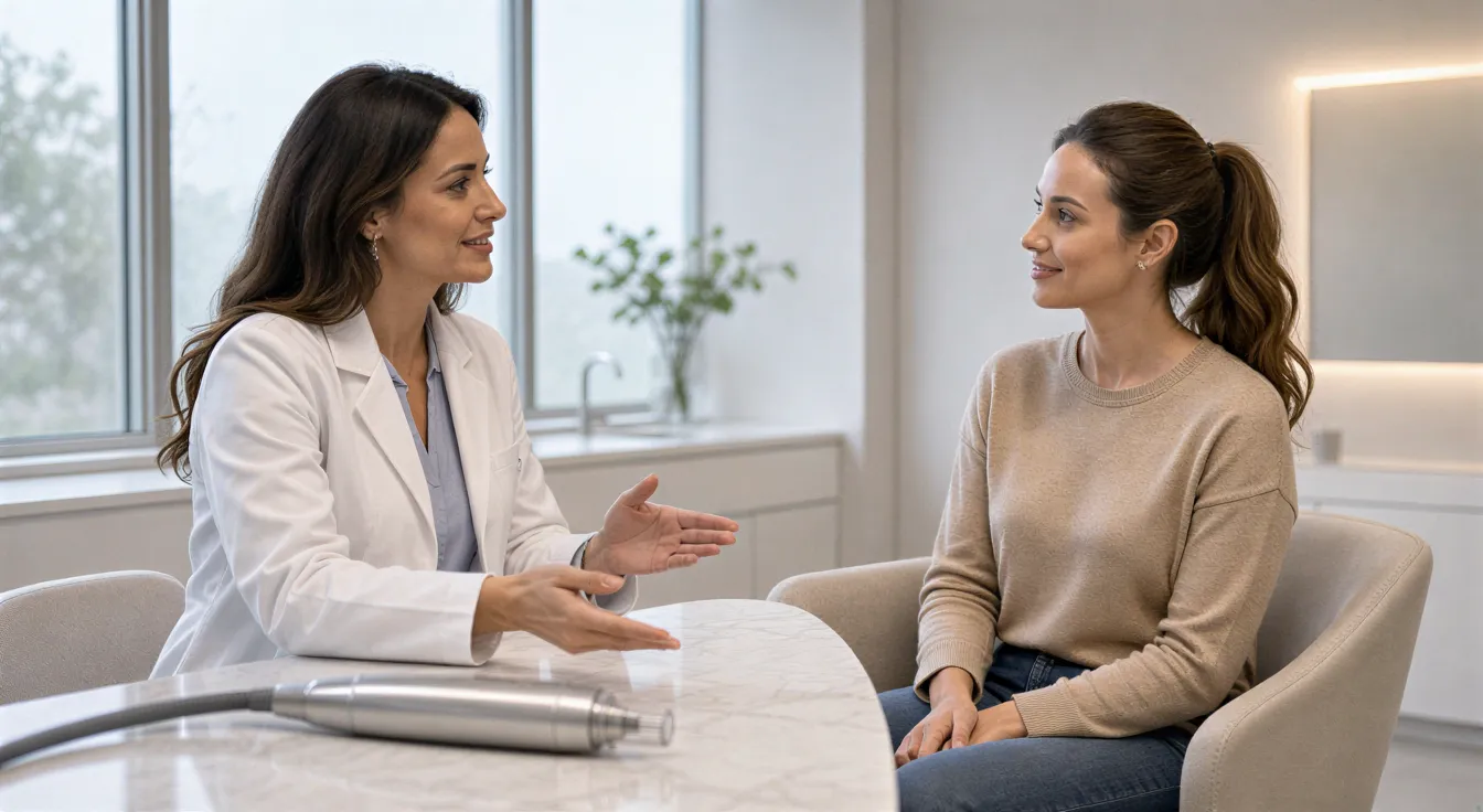 Eine Dermatologin im weißen Kittel berät eine Patientin in einem modernen Behandlungsraum mit Lasertechnik.