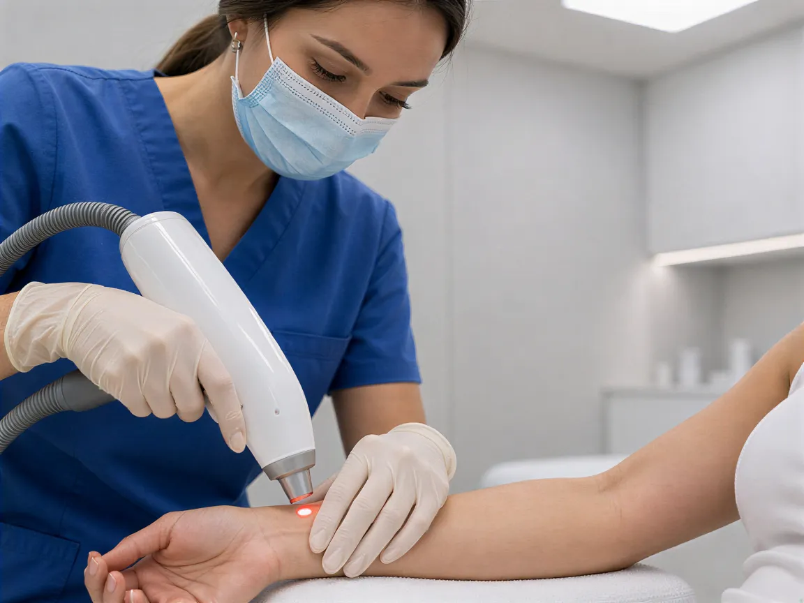 Eine Ärztin führt mit einem Laser eine Haarentfernungsbehandlung am Unterarm einer Patientin durch.