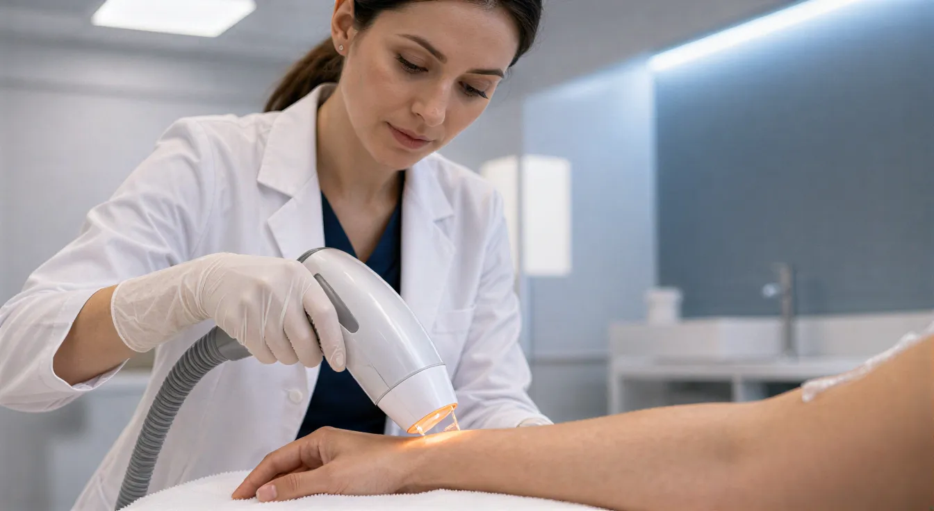 Eine Dermatologin führt mit einem Handlaser eine Haarentfernungsbehandlung am Unterarm eines Patienten durch.