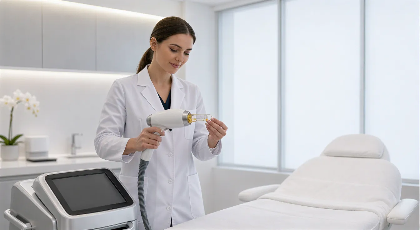 Eine Fachkraft bereitet ein professionelles Laser-Haarentfernungsgerät in einem modernen Medizinschönheitsraum vor.