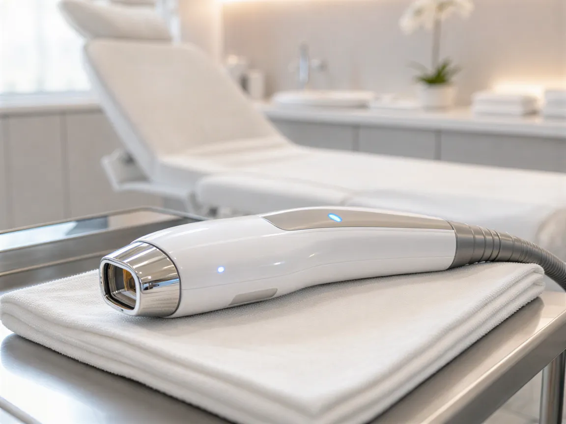 Ein moderner medizinischer Laser-Handapparat liegt auf einem weißen Leinentuch auf einem metallischen Behandlungswagen.