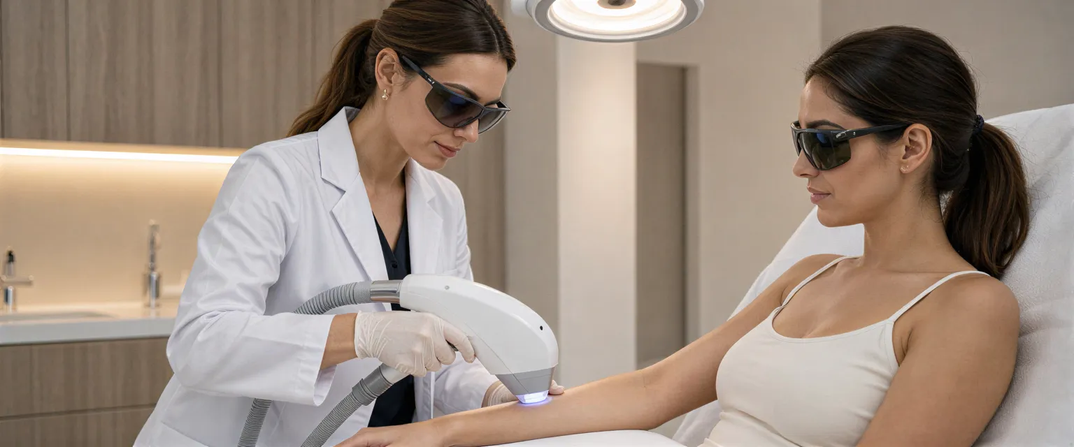 Eine Dermatologin behandelt mit einem Laser vorsichtig den Unterarm einer Patientin in einem modernen Behandlungsraum.
