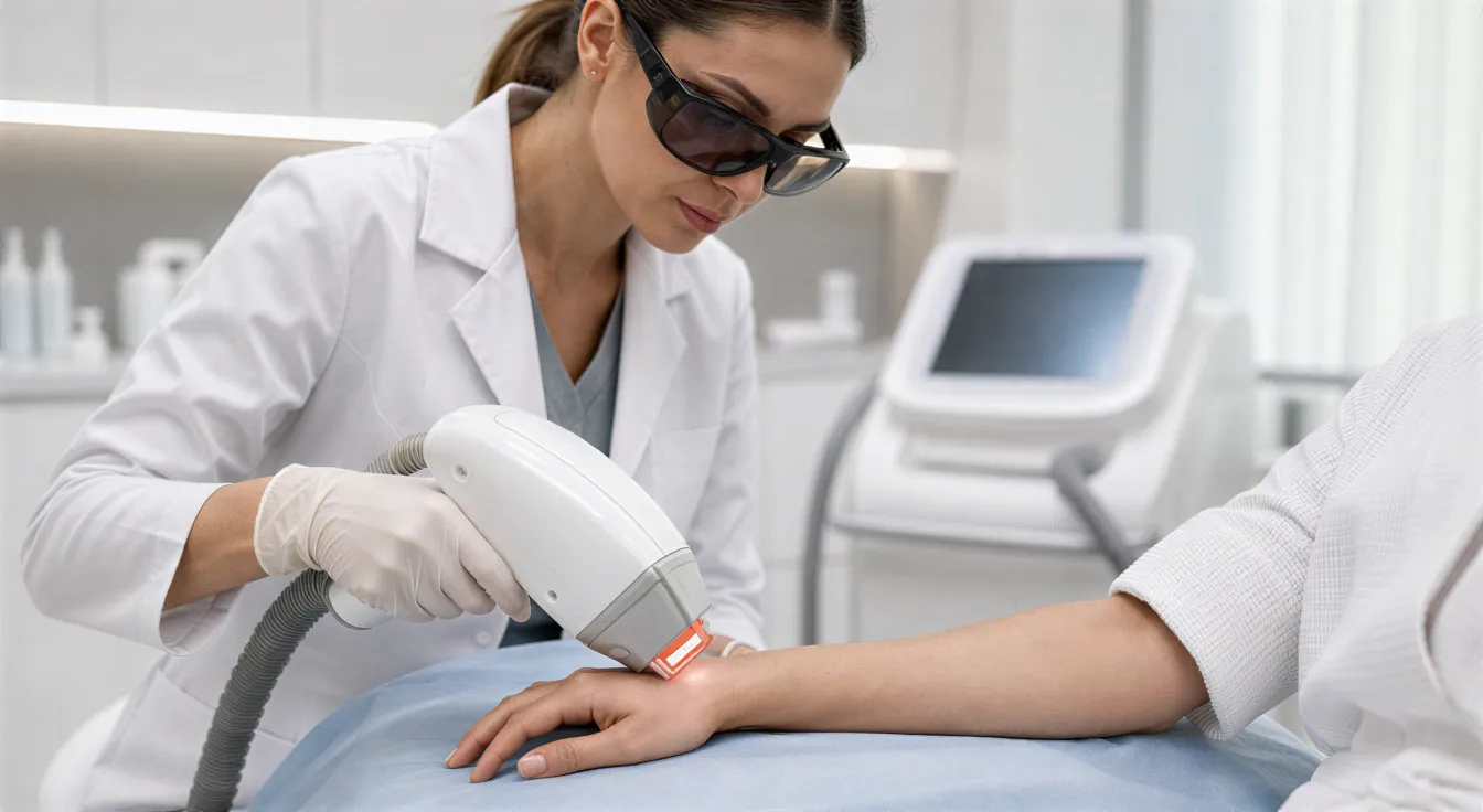 Eine Lasertechnikerin führt mit einem modernen Handstück eine Haarentfernungsbehandlung an einem Unterarm durch.