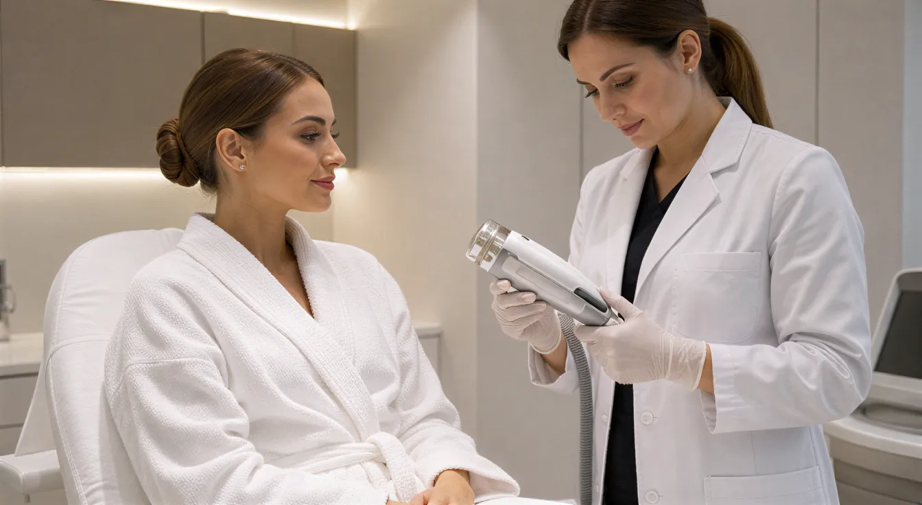 Eine Patientin im Bademantel sitzt entspannt auf einer Behandlungsliege, während eine Ärztin ein Laser-Gerät vorbereitet.