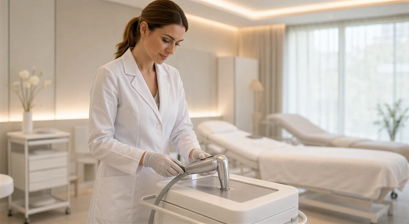 Eine Ärztin bereitet in einem modernen Behandlungszimmer ein Lasergerät auf einem Behandlungswagen vor.