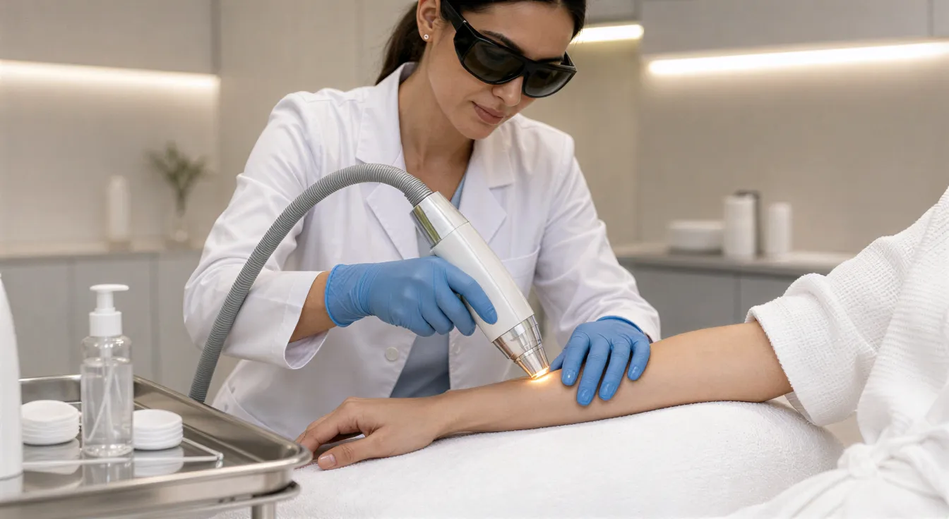 Eine Dermatologin führt mit einem modernen Laser eine Haarentfernungsbehandlung am Unterarm einer Klientin durch.