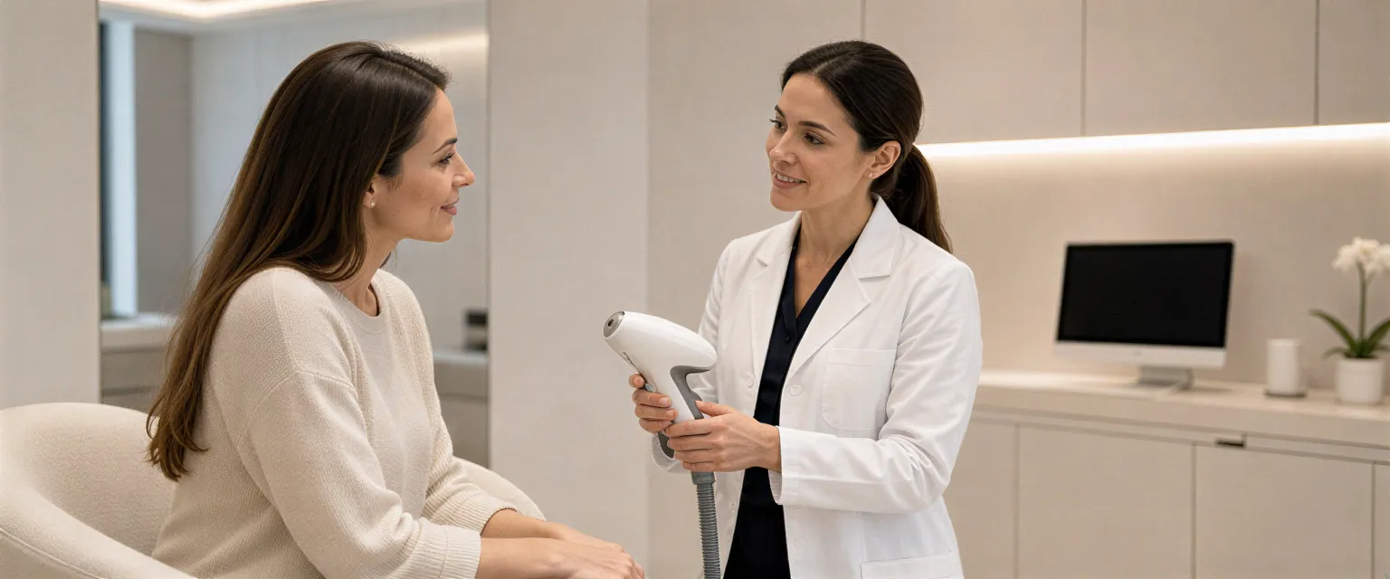 Eine Patientin spricht vertrauensvoll mit einer Ärztin, die ein Lasergerät in einer modernen Praxis hält.
