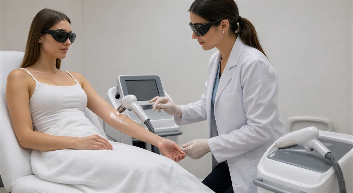 Eine Lasertechnikerin kalibriert ein Gerät für eine Patientin, die auf einer Behandlungsliege ruht.