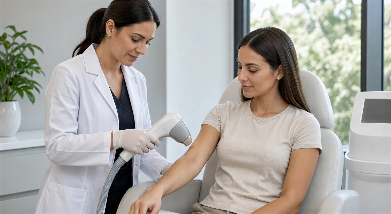 Eine Ärztin demonstriert ein Lasergerät an einem Patienten in einem modernen, hellen Behandlungsraum.