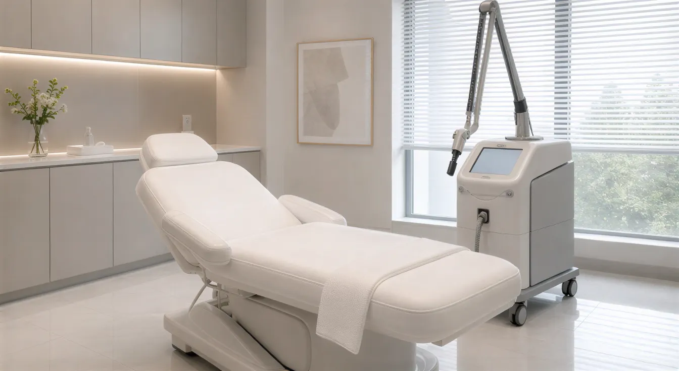 Ein moderner Behandlungsraum mit weißem Behandlungslieger, Lasertechnik und neutraler Einrichtung in ruhigem Licht.