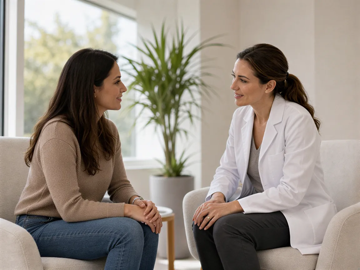 Eine Ärztin im weißen Kittel spricht mit einer Patientin in einem modernen Beratungsraum.
