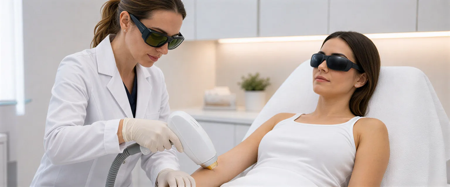 Eine Dermatologin führt mit einem modernen Laserhandgerät eine Behandlung am Unterarm einer ruhigen Patientin durch.