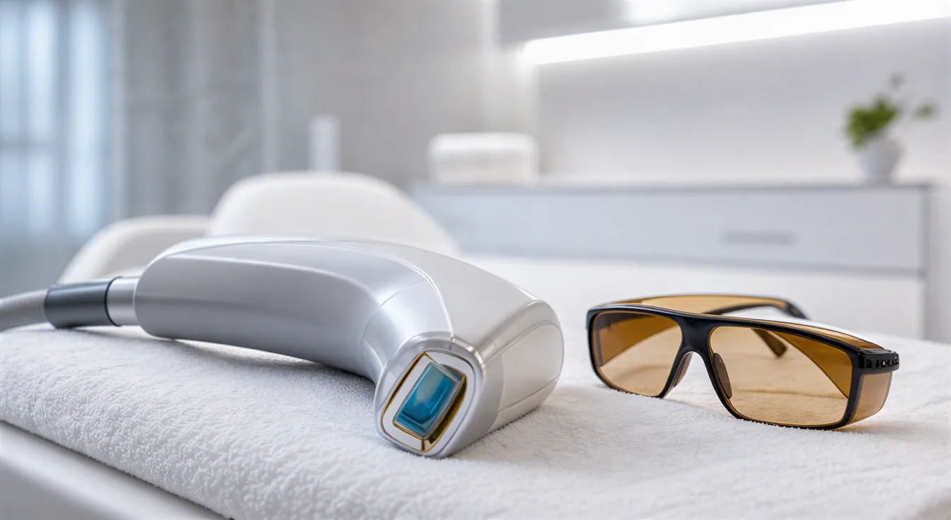 Ein moderner Laserhandschuh und eine Schutzbrille liegen auf einem weißen Handtuch in einer klinischen Behandlungsumgebung.