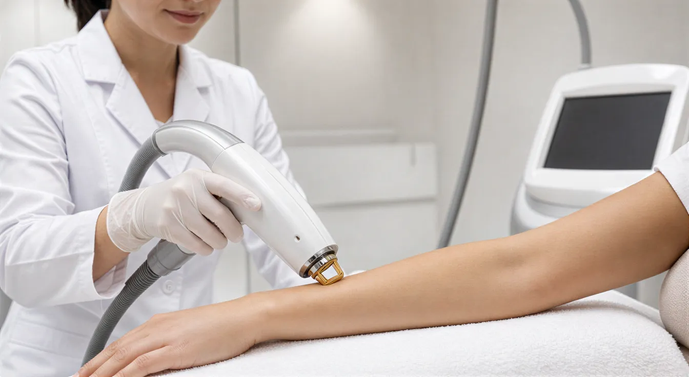 Eine Ärztin führt mit einem modernen Laserhandstück eine Haarentfernungsbehandlung an einem Unterarm durch.