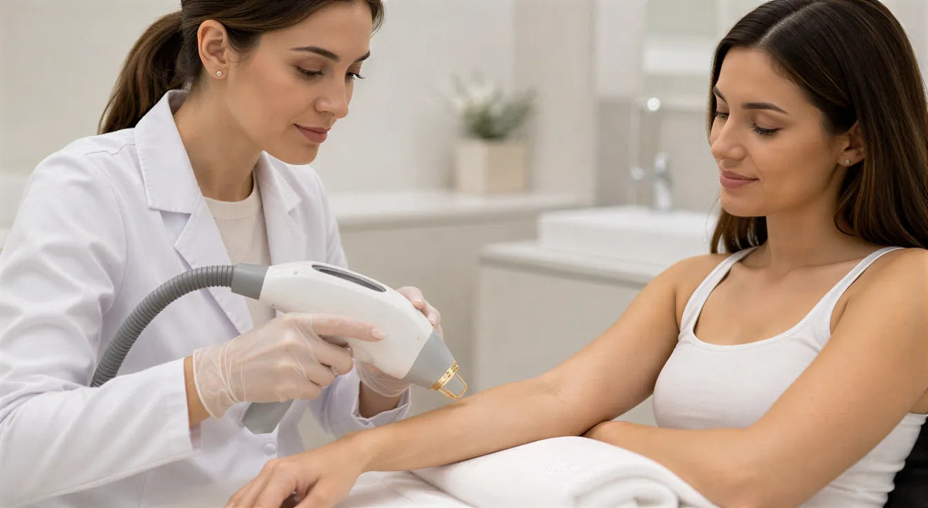 Eine Ärztin führt mit einem modernen Laser eine Haarentfernungsbehandlung am Arm einer entspannten Patientin durch.