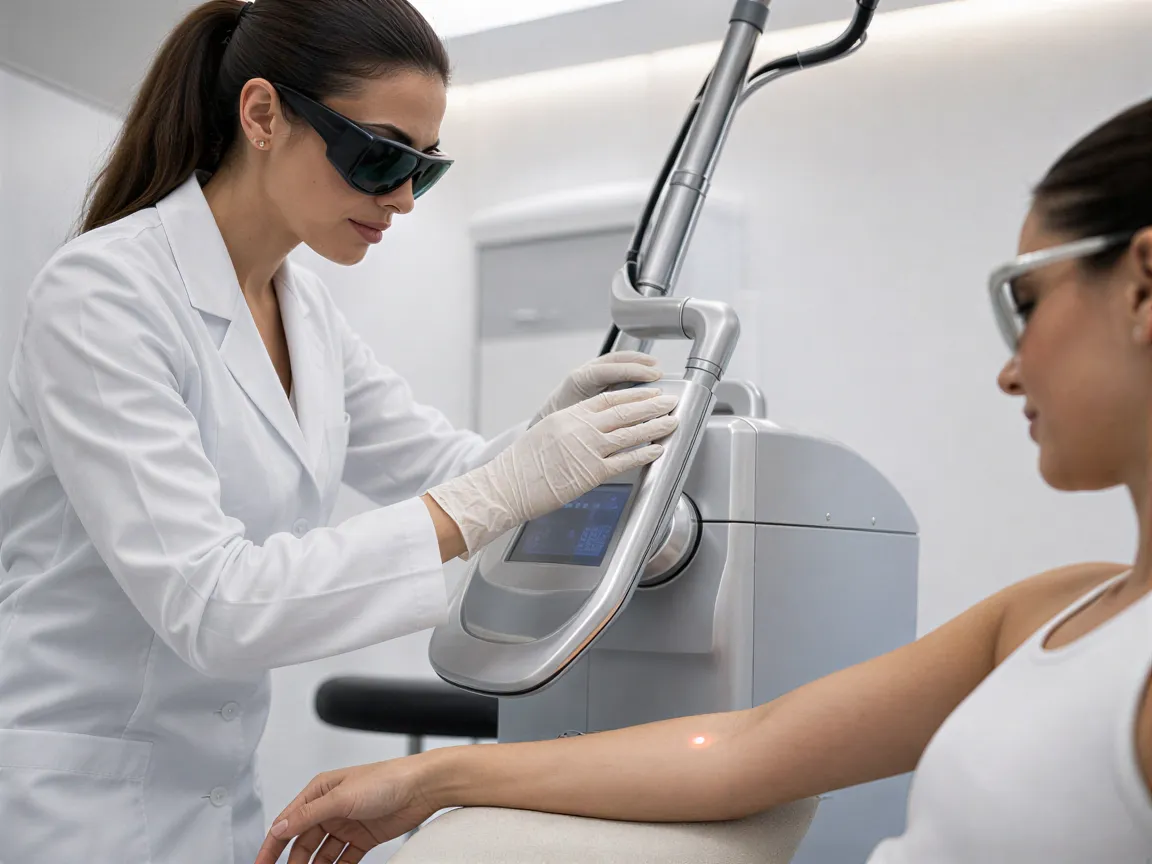 Eine Ärztin in weißem Kittel kalibriert ein futuristisches Lasergerät für eine Haarentfernungsbehandlung.