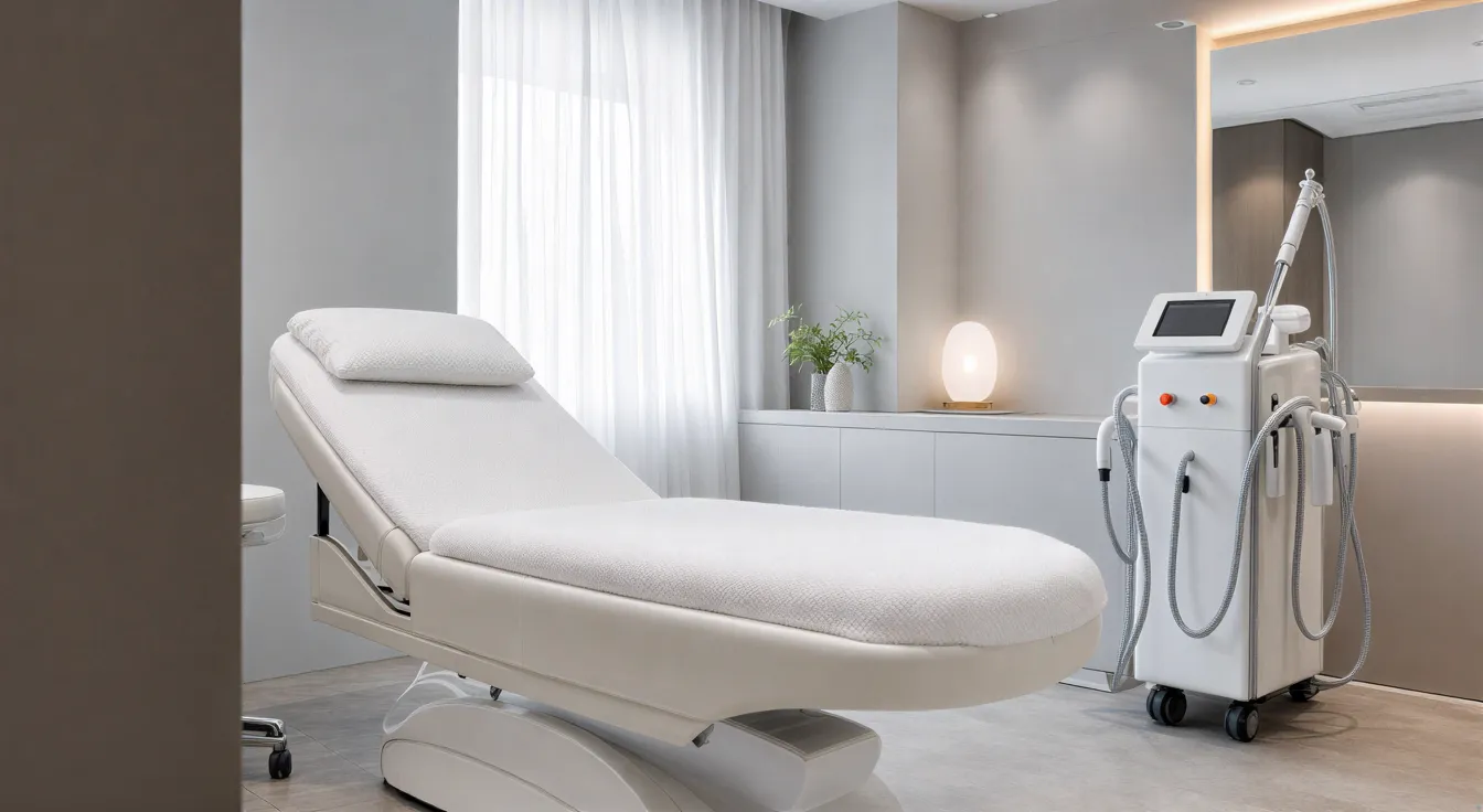 Ein moderner Laserbehandlungsraum mit einer gepolsterten Behandlungsliege und klinischer Ausrüstung in minimalistischem