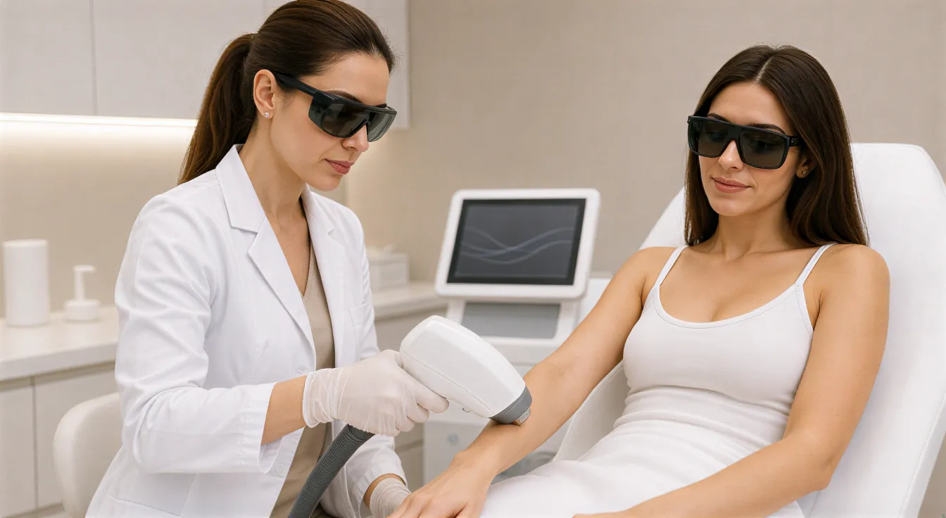 Eine Ärztin führt eine Laser-Haarentfernungsbehandlung an der entspannten Patientin in einem modernen Behandlungsraum durch.