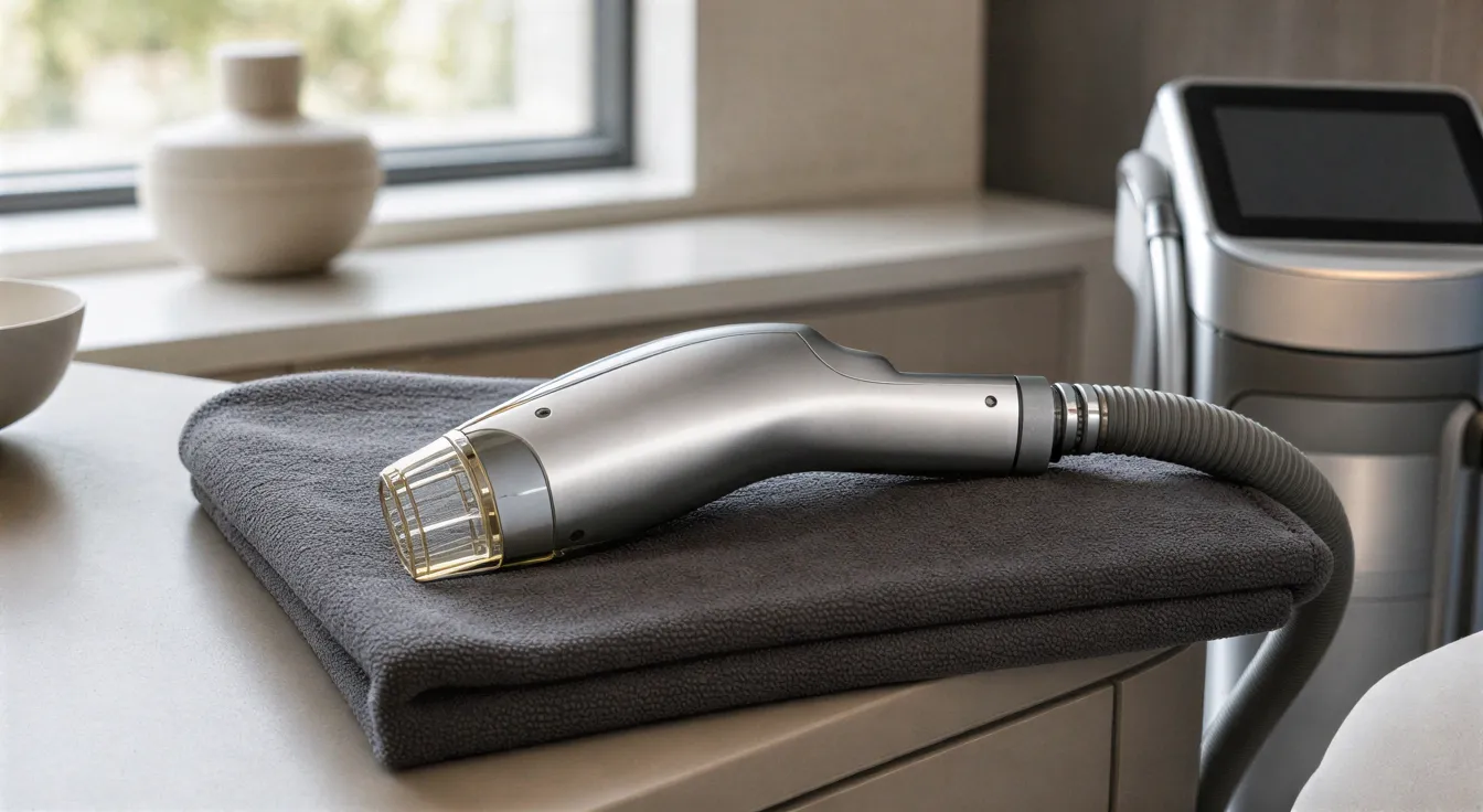 Ein moderner Laser-Handapparat liegt auf einem dunkelgrauen Handtuch in einer ruhigen Behandlungspraxis.