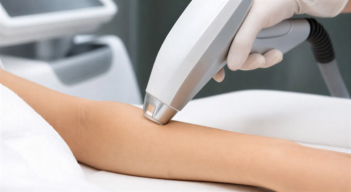 Ein Laser-Handstück schwebt über einem Patientenunterarm auf einer sauberen Behandlungsliege in einem sterilen Raum.