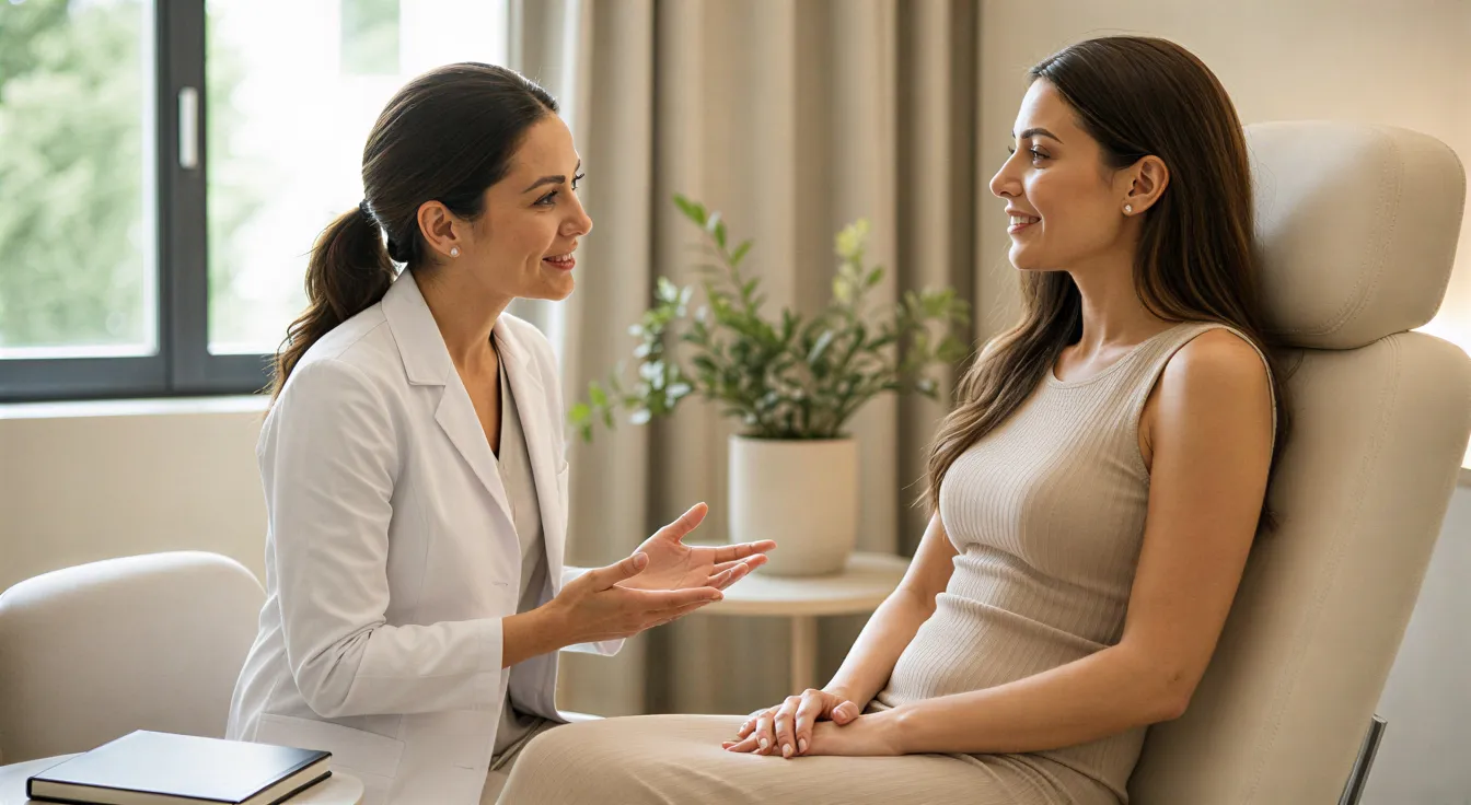 Eine Dermatologin bespricht in einem modernen Behandlungszimmer vertrauensvoll einen Therapieplan mit einer Patientin.