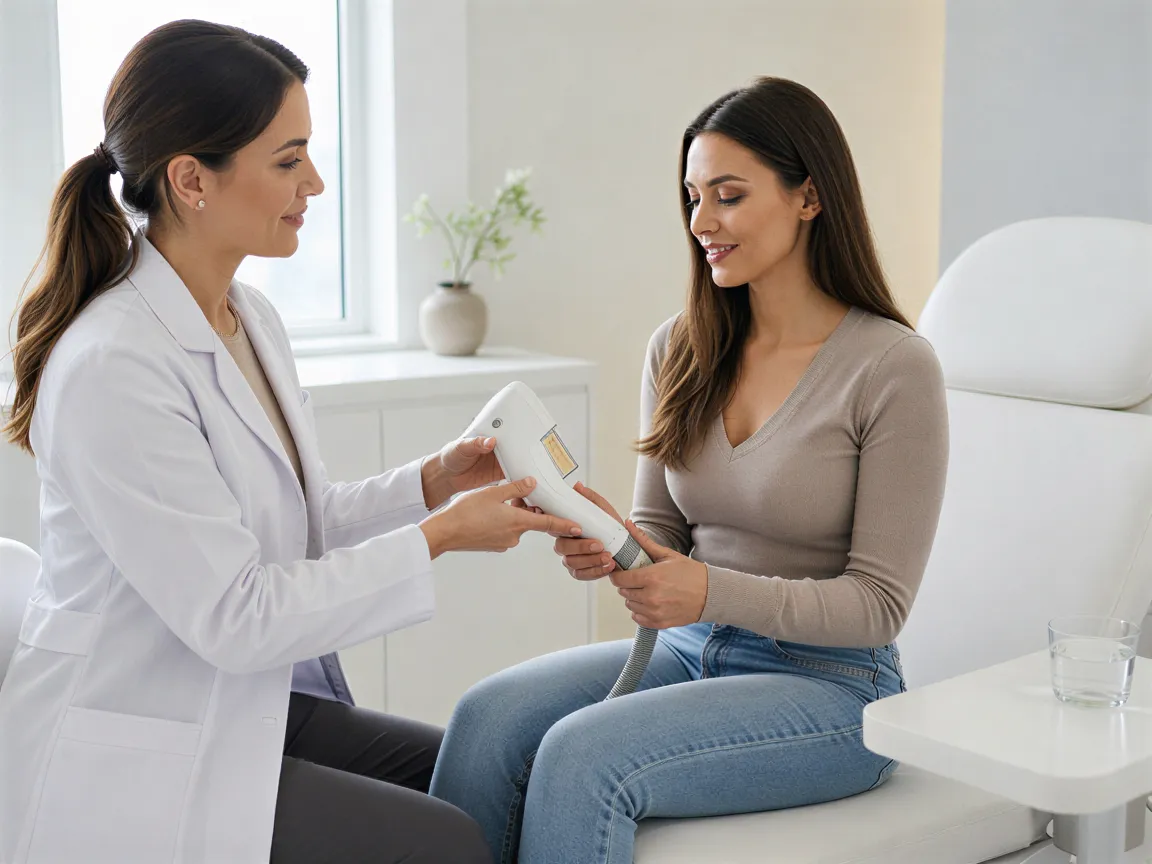 Eine Ärztin übergibt einer aufmerksamen Patientin ein modernes Laser-Gerät in einem ruhigen Behandlungsraum.