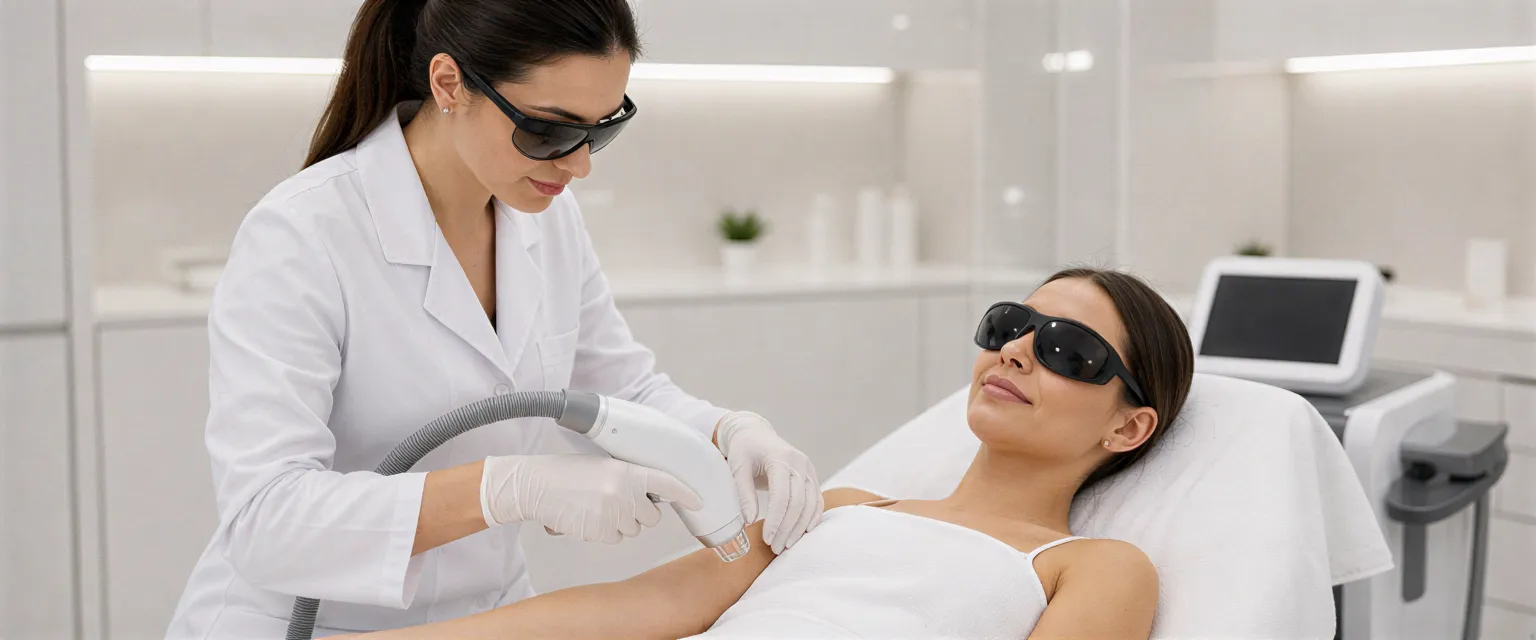 Eine Ästhetikerin führt eine präzise Laser-Haarentfernungsbehandlung am Unterarm einer Klientin durch.