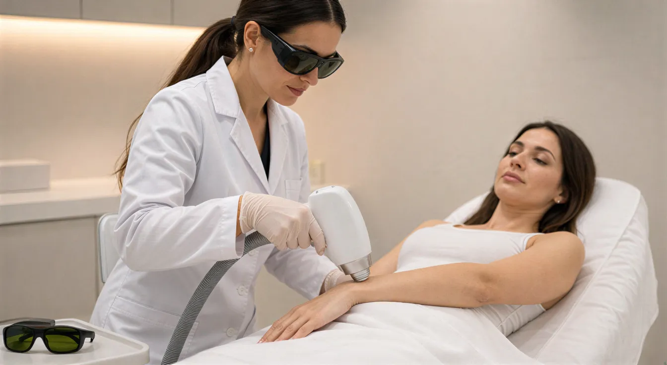 Eine Lasertechnikerin führt an einem modernen Behandlungsplatz eine Haarentfernungsprozedur am Arm einer Klientin durch.