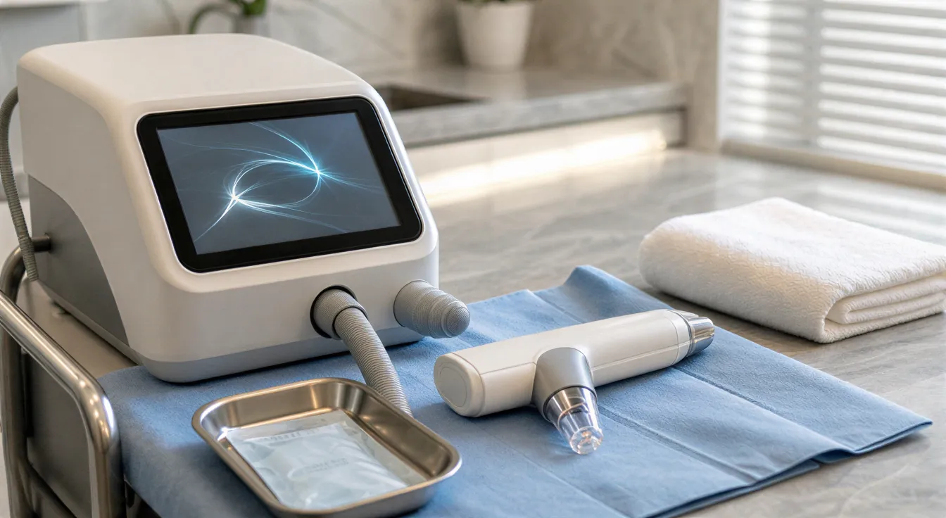 Ein moderner Laser in einer dermatologischen Praxis liegt auf einem mobilen Wagen mit steriler Abdeckung und Instrumenten.