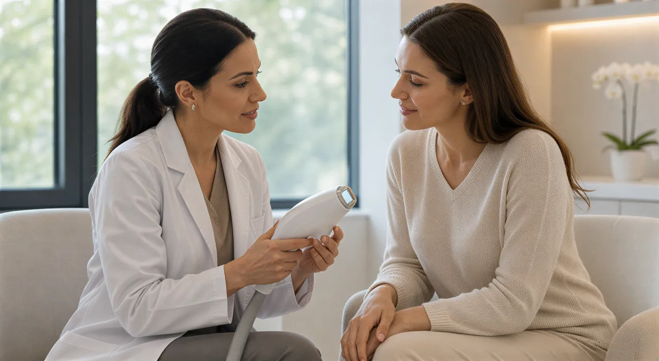 Eine Dermatologin erklärt einer Patientin ein modernes Lasergerät in einem hellen, modernen Beratungsraum.