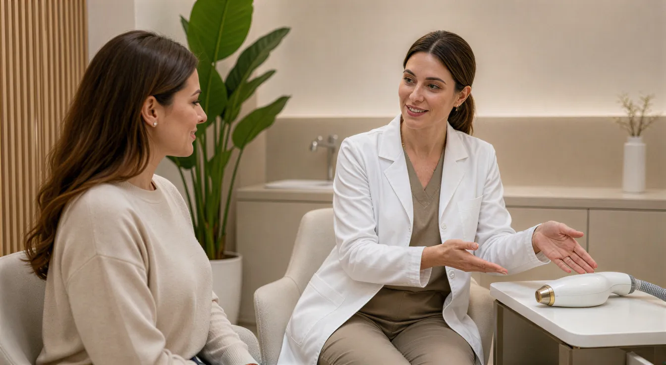 Eine Ärztin erklärt einer Patientin ein Lasergerät in einem modernen, hellen Behandlungsraum.