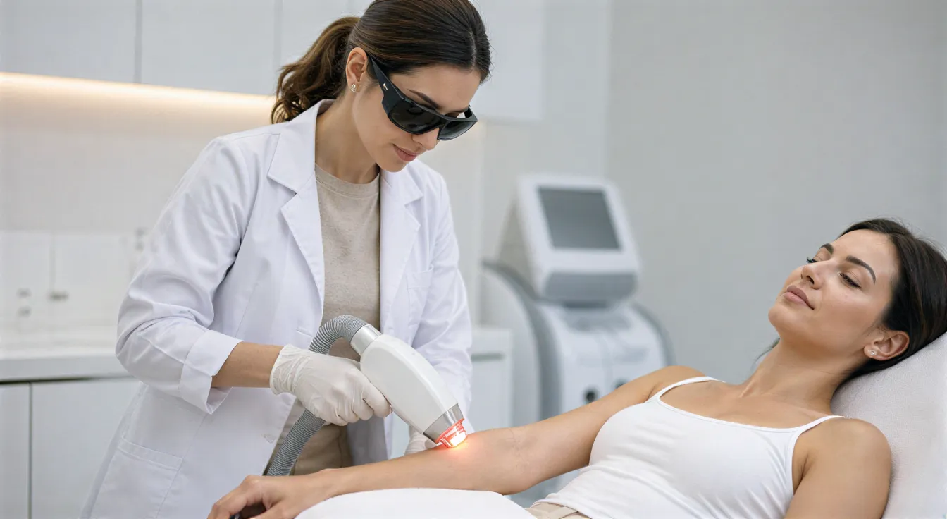 Eine Ärztin führt mit einem medizinischen Laser eine Haarentfernungsbehandlung am Arm einer Patientin durch.