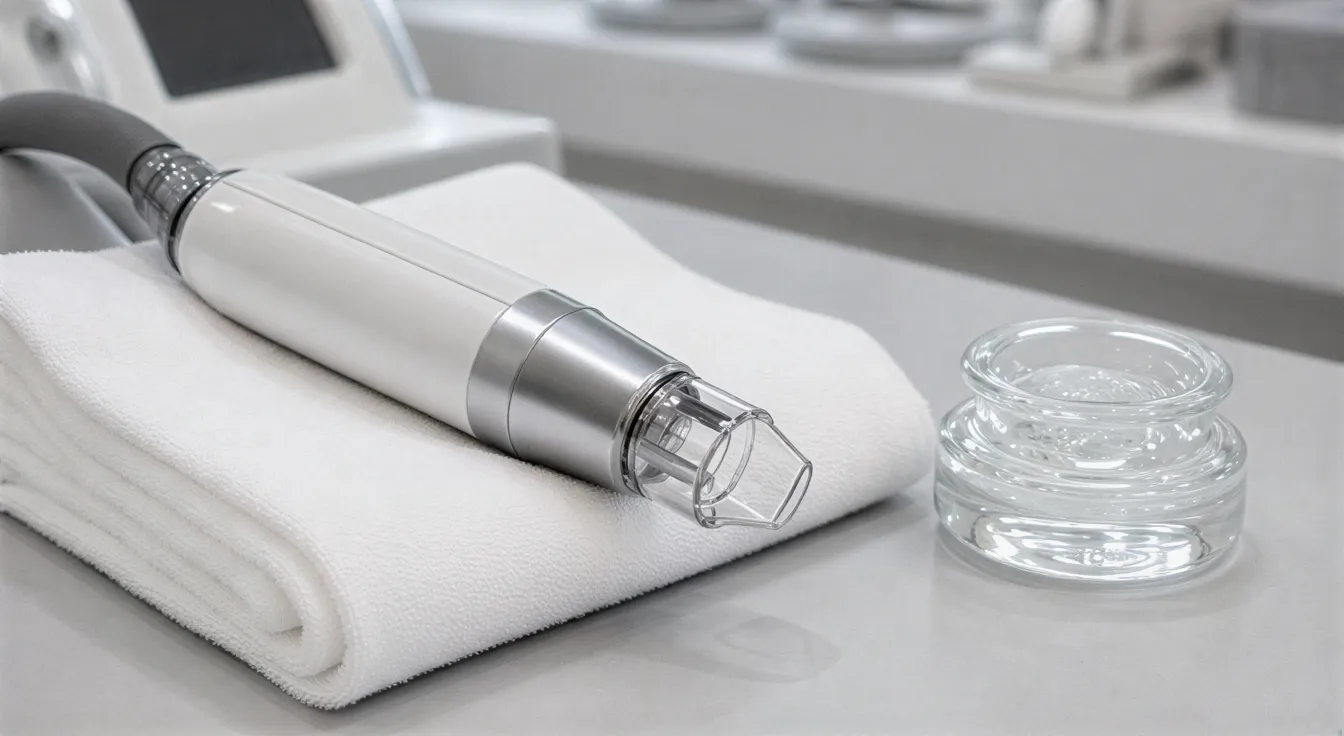 Ein professioneller Laser-Handapparat liegt auf einem weißen Handtuch neben einem Behälter mit Kühlgel auf einer grauen