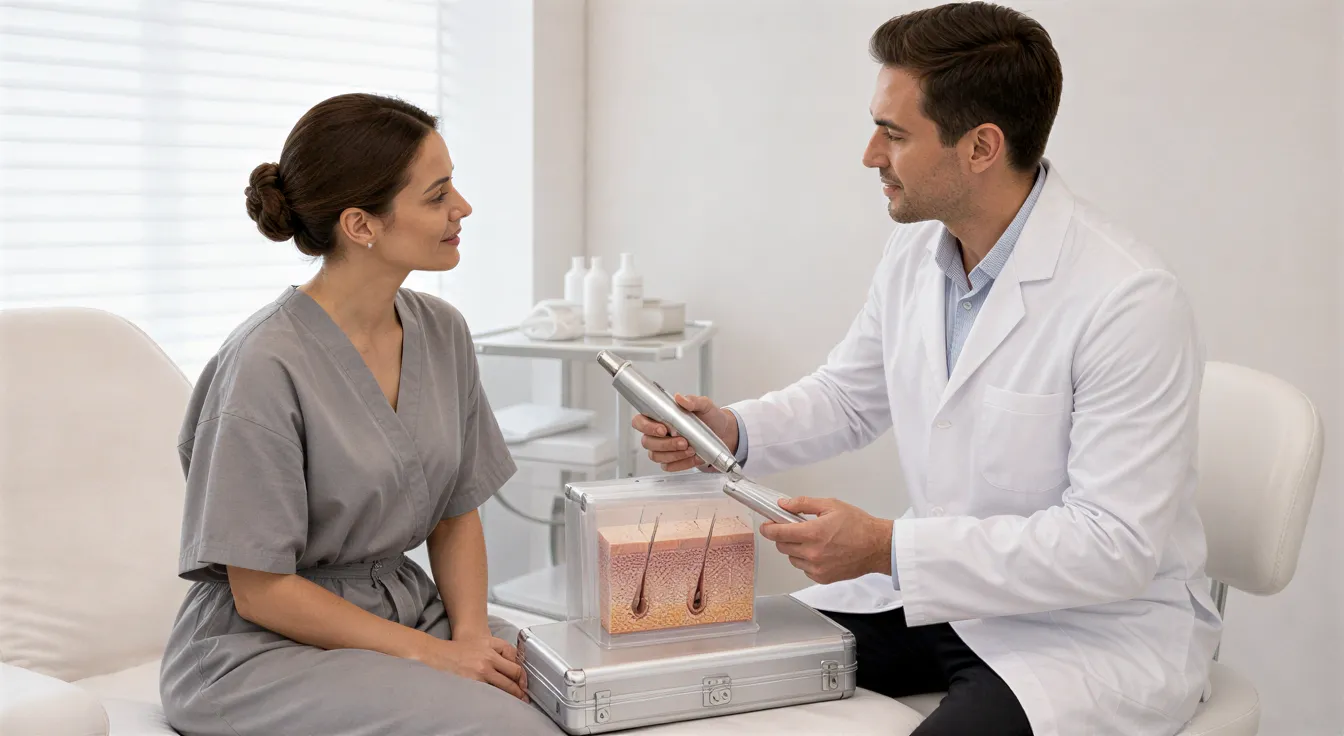 Eine Ärztin erklärt einer Patientin in einem modernen Behandlungsraum mit Laser-Gerät einen Eingriff.