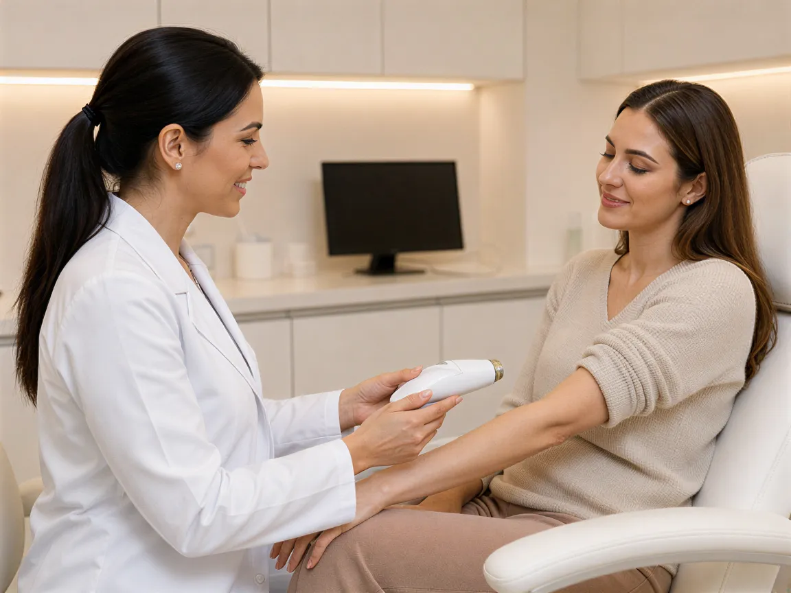 Eine Ärztin übergibt einer Patientin ein Lasergerät in einer modernen und ruhigen Behandlungspraxis.