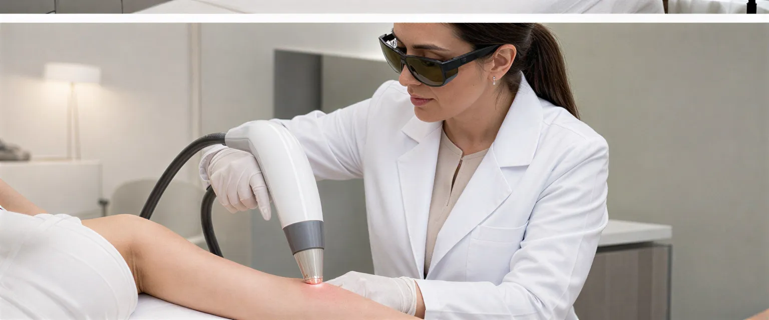 Eine Ärztin führt eine Laser-Haarentfernungsbehandlung am Arm einer Patientin in einem modernen Behandlungsraum durch.