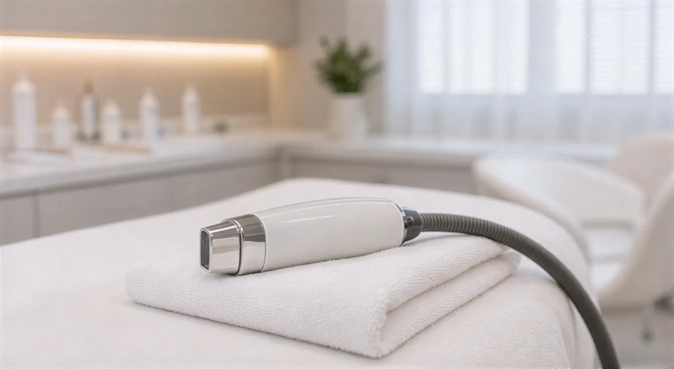 Ein moderner Laserbehandlungsraum mit einem Behandlungslieger und einem medizinischen Laserhandstück auf einem Handtuch.