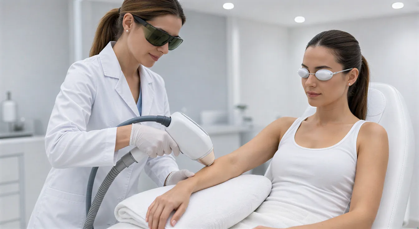 Eine Ärztin führt mit einem modernen Laser eine Haarentfernungsbehandlung am Arm einer Patientin durch.