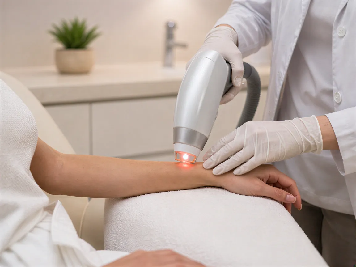 Eine Ästhetikerin führt mit einem Lasergerät eine Haarentfernungsbehandlung an einem Unterarm durch.