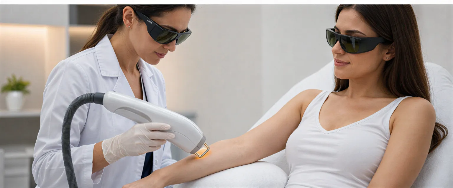 Eine Dermatologin führt mit einem Laserhandstück eine Haarentfernungsbehandlung am Unterarm einer Patientin durch.