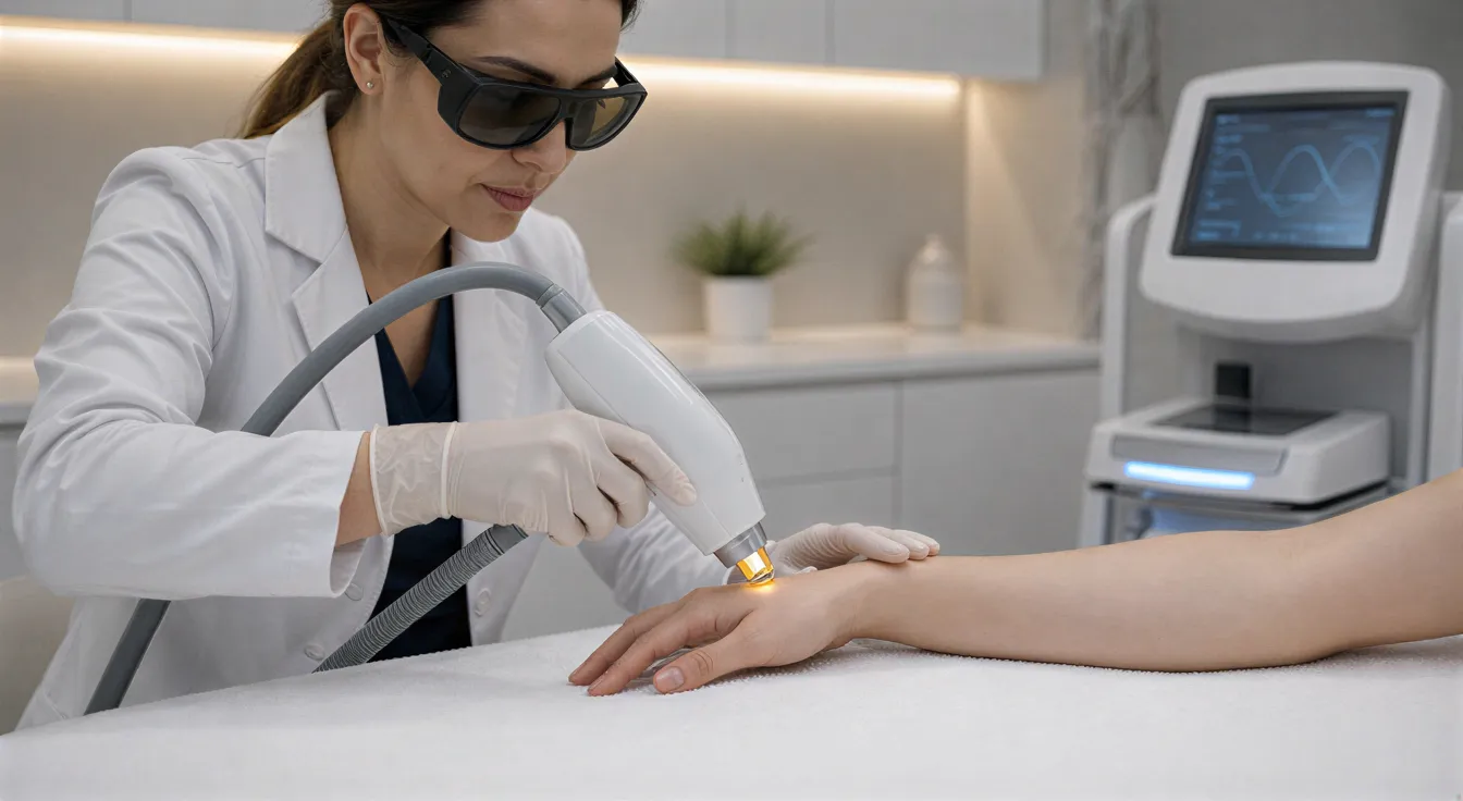 Eine Dermatologin führt eine Laserepilation am Unterarm einer Patientin in einer modernen Klinik durch.