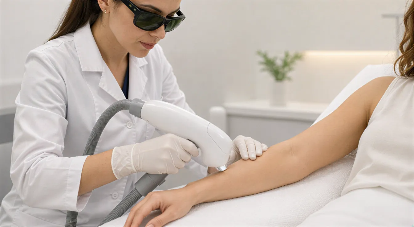 Eine Dermatologin führt mit einem modernen Laser eine Haarentfernungsbehandlung an einem Unterarm durch.