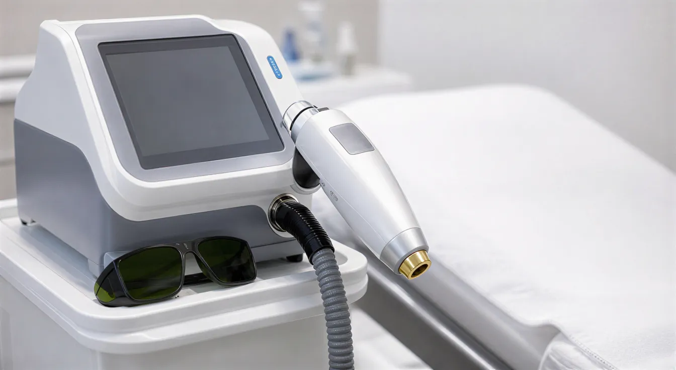 Ein moderner Laser-Haarentfernungsgerät auf einem Rollwagen neben einem Behandlungstisch in einem sterilen Behandlungsraum.
