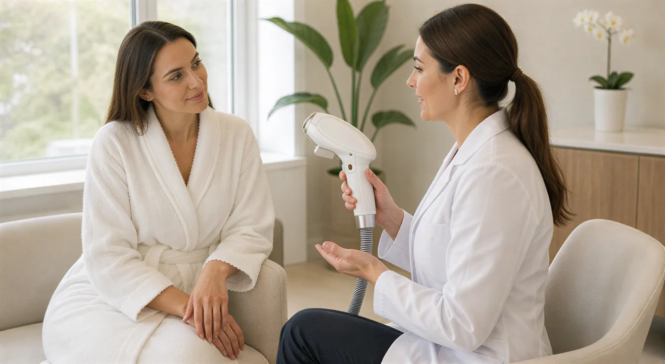 Eine Dermatologin erklärt einer Patientin in einem modernen Behandlungsraum ein Lasergerät.