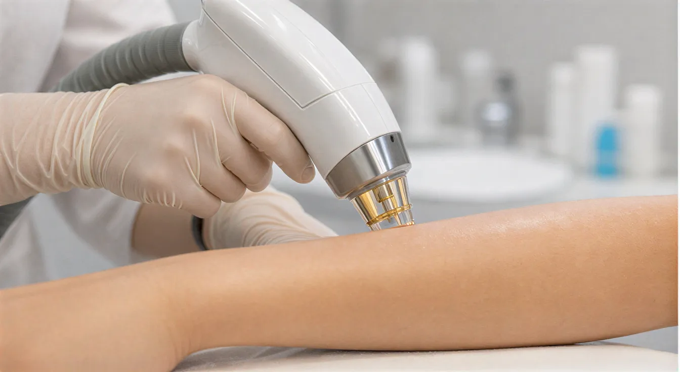 Eine Ärztin hält mit behandschuhten Händen ein modernes Lasergerät über den Unterarm einer Patientin.