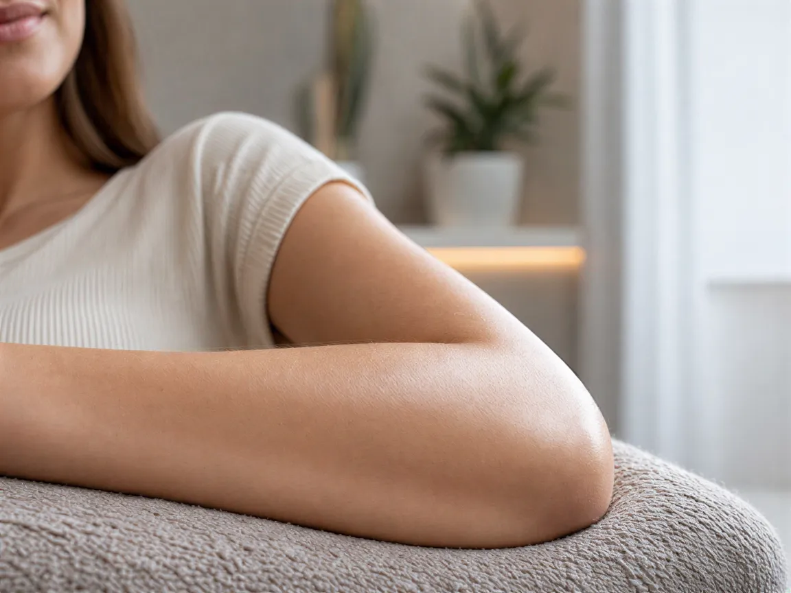 Eine Frau mit glatter Haut am Unterarm in einem ruhigen, minimalistischen Medizinsalon.
