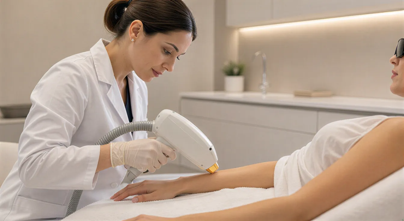 Eine Ärztin führt mit einem Lasergerät eine Haarentfernungsbehandlung am Unterarm einer Patientin durch.