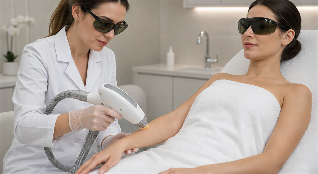 Eine Dermatologin behandelt mit einem Laser die Haut am Arm einer entspannten Patientin in einer Klinik.